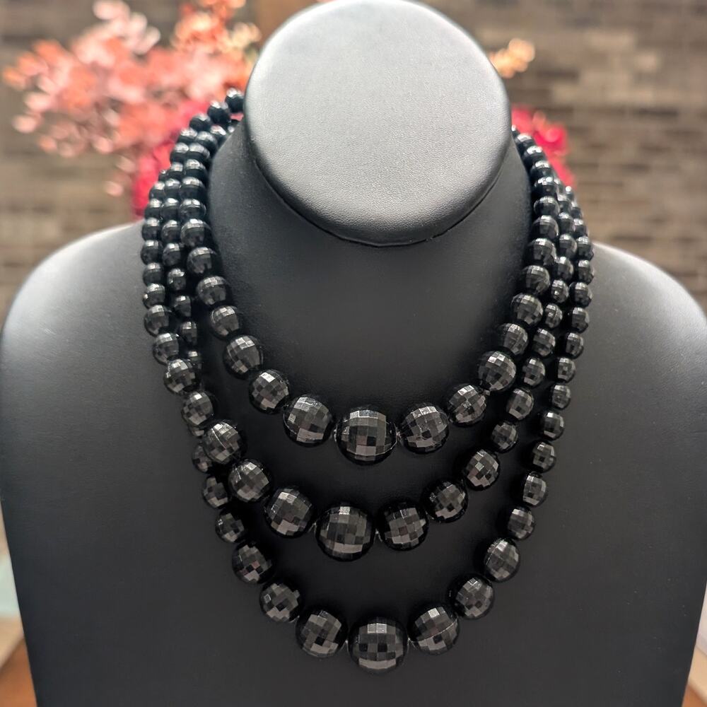Vintage Three Strand Black Faceted Bead Necklace Layered - Made in Hong Kong
